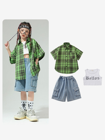 グリーン ジャズダンスコスチューム レディース ポリエステルトップ オーバーコート パンツ ダンスウェア