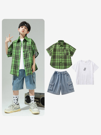 グリーン ジャズダンスコスチューム 男の子用ポリエステルオーバーコートパンツトップダンスウェア