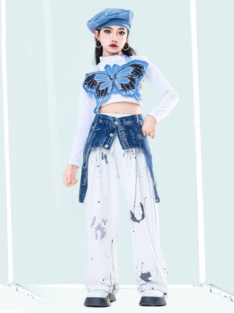 ホワイト ジャズダンスコスチューム レディース ポリエステルパンツ トップアクセサリー ダンスウェア