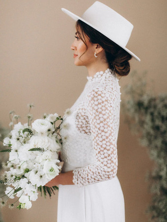 ツーピース ウェディングドレス レース レース ジュエルネック Aライン スイープ バックレス ロングスリーブ アイボリー