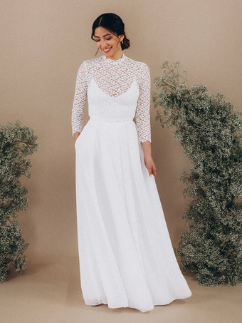 ホワイトツーピース ウェディングドレス レース レース ジュエルネック Aライン スイープ バックレス ロングスリーブ アイボリー