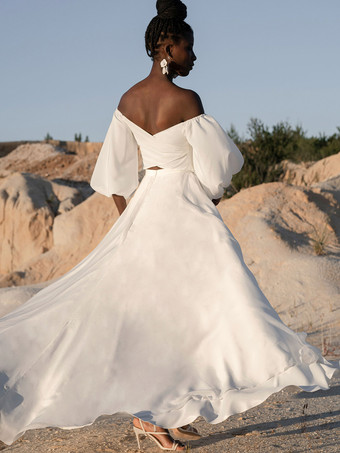 ツーピースウェディングドレス ポリエステル スウィートハートネック Aライン フロアレングス バックレス ロングスリーブ アイボリー