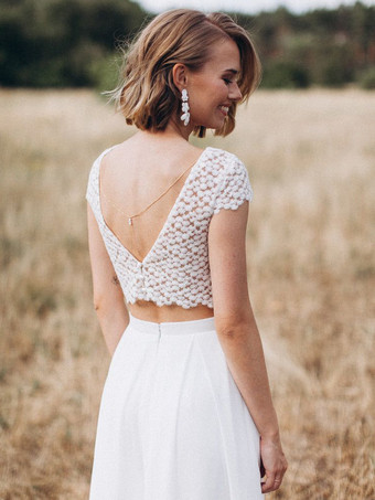 ツーピースウェディングドレス レース レース Vネック ツーピース フロアレングス バックレス 半袖 アイボリー