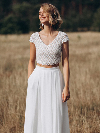 ツーピースウェディングドレス レース レース Vネック ツーピース フロアレングス バックレス 半袖 アイボリー