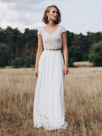 Two-piece Wedding Dress Lace Lace V-Neck Two-piece Floor-Length Backless Short Sleeves Ivory
