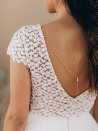 ツーピースウェディングドレス レース レース Vネック ツーピース フロアレングス バックレス 半袖 アイボリー