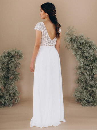 ツーピースウェディングドレス レース レース Vネック ツーピース フロアレングス バックレス 半袖 アイボリー