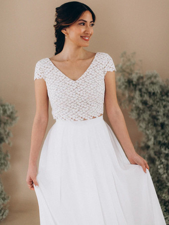 ツーピースウェディングドレス レース レース Vネック ツーピース フロアレングス バックレス 半袖 アイボリー