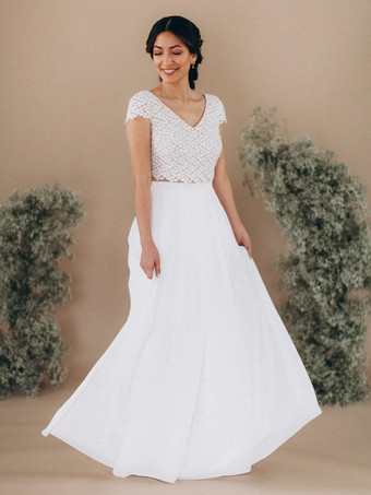 ホワイトツーピースウェディングドレス レース レース Vネック ツーピース フロアレングス バックレス 半袖 アイボリー