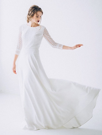 アイボリーボヘミアン ウェディングドレス レース レース Aライン トレーン付き ナチュラルウエスト バックレス ハーフスリーブ ジュエルネック アイボリー