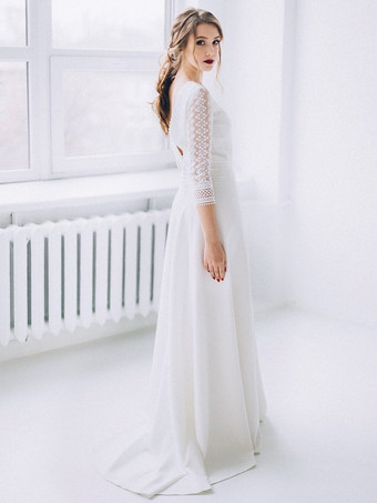 ボヘミアン ウェディングドレス レース レース Aライン トレーン付き ナチュラルウエスト バックレス ハーフスリーブ ジュエルネック アイボリー