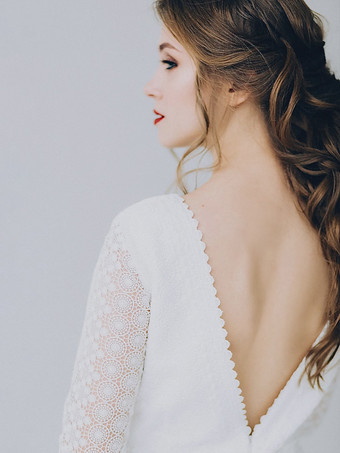 ボヘミアン ウェディングドレス レース レース Aライン トレーン付き ナチュラルウエスト バックレス ハーフスリーブ ジュエルネック アイボリー