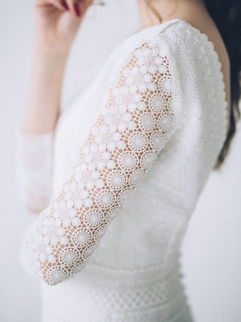 ボヘミアン ウェディングドレス レース レース Aライン トレーン付き ナチュラルウエスト バックレス ハーフスリーブ ジュエルネック アイボリー