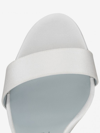 サテンハイヒールサンダル ホワイト レースアップ リボン ラウンドトゥ プロムシューズ アンクルストラップ ブライダルシューズ