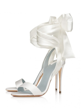 Sandálias de salto alto de cetim branco com laço e bico redondo sapatos de baile com tira no tornozelo sapatos de noiva