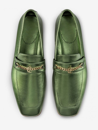 レディース メタルディテール アートワーク ローファー パピーヒール ポリエステル