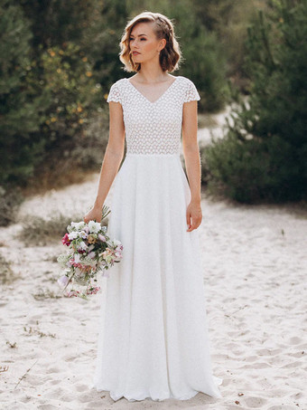 ボヘミアンウェディングドレス レース レース Aライン スイープ ナチュラルウエスト バックレス 半袖 Vネック アイボリー