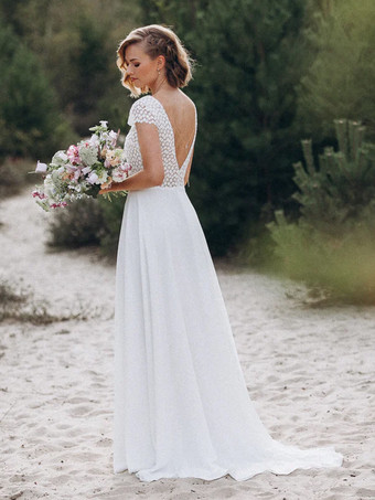 ボヘミアンウェディングドレス レース レース Aライン スイープ ナチュラルウエスト バックレス 半袖 Vネック アイボリー