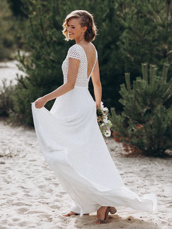 ボヘミアンウェディングドレス レース レース Aライン スイープ ナチュラルウエスト バックレス 半袖 Vネック アイボリー