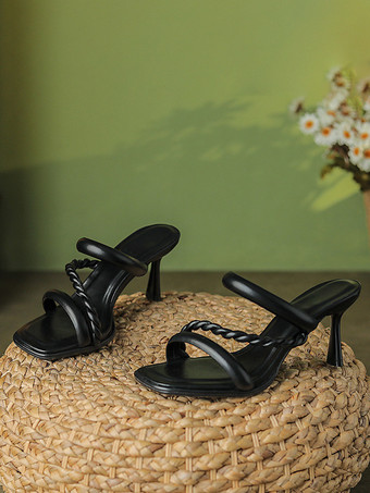 Sandales à talons pour femmes bout carré talon aiguille sandales en cuir PU