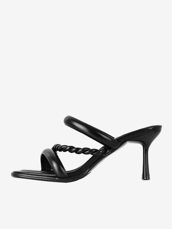 noir Sandales à talons pour femmes bout carré talon aiguille sandales en cuir PU