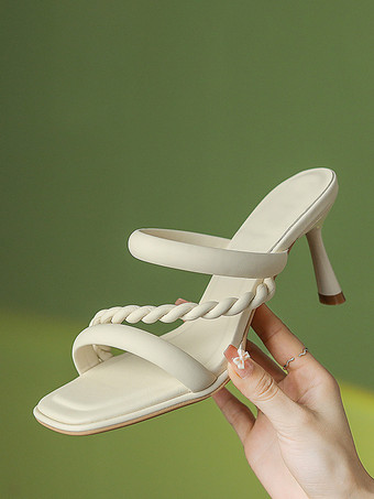 BeigeSandales à talons pour femmes bout carré talon aiguille sandales en cuir PU