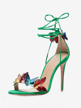 グリーン レディース ヒールサンダル オープントゥ スティレットヒール バタフライディテール レースアップ プロムシューズ