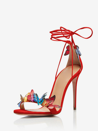 レッド レディース ヒールサンダル オープントゥ スティレットヒール バタフライディテール レースアップ プロムシューズ