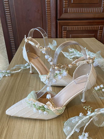 スイートロリータフットウェア アプリコットフラワーパールチェーン 尖ったつま先テキスタイルロリータシューズ