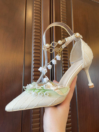 スイートロリータフットウェア アプリコットフラワーパールチェーン 尖ったつま先テキスタイルロリータシューズ