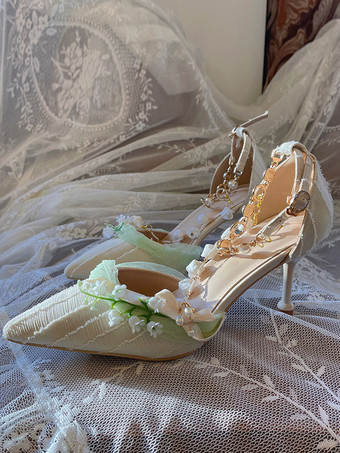 スイートロリータフットウェア アプリコットフラワーパールチェーン 尖ったつま先テキスタイルロリータシューズ