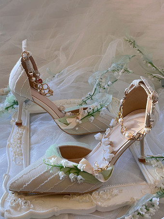 アプリコットスイートロリータフットウェア アプリコットフラワーパールチェーン 尖ったつま先テキスタイルロリータシューズ