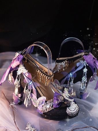 スチームパンク ロリータ フットウェア シルバー ラインストーン フラワー バタフライ ラウンドトゥ ロリータ パンプス