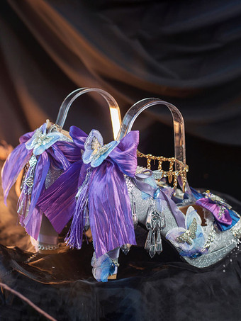 スチームパンク ロリータ フットウェア シルバー ラインストーン フラワー バタフライ ラウンドトゥ ロリータ パンプス