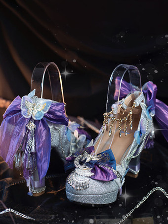 スチームパンク ロリータ フットウェア シルバー ラインストーン フラワー バタフライ ラウンドトゥ ロリータ パンプス