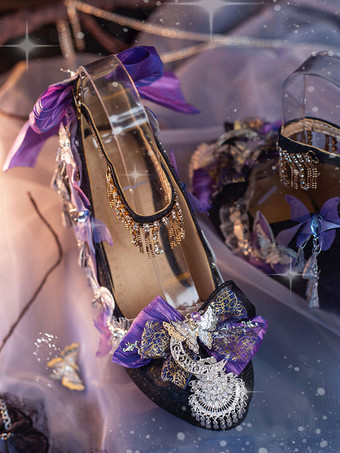 スチームパンク ロリータ フットウェア シルバー ラインストーン フラワー バタフライ ラウンドトゥ ロリータ パンプス