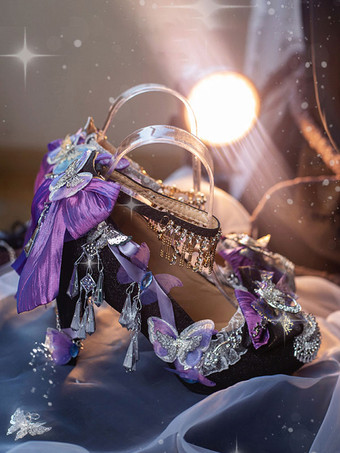 スチームパンク ロリータ フットウェア シルバー ラインストーン フラワー バタフライ ラウンドトゥ ロリータ パンプス