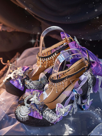 スチームパンク ロリータ フットウェア シルバー ラインストーン フラワー バタフライ ラウンドトゥ ロリータ パンプス