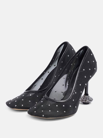 Tacones altos negros de malla Zapatos de tacón con forma especial y diamantes de imitación con punta suqare