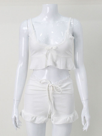 パンツセット ホワイト ストリートウェア ポリエステル フリル シック