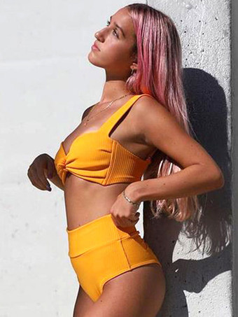 レディース ツーピース水着 イエロー 結び目ストラップ ネック ウエスト上げ 夏 セクシー 水着