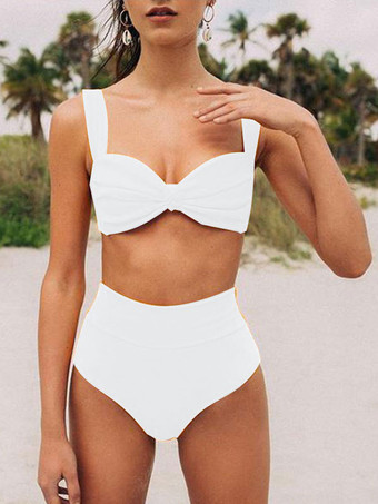 ホワイト レディース ツーピース水着 イエロー 結び目ストラップ ネック ウエスト上げ 夏 セクシー 水着