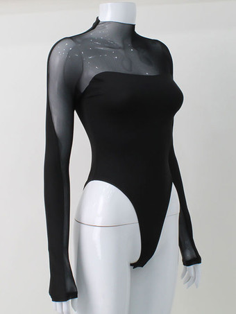 ブラックボディスーツ イリュージョンネック ロングスリーブ ハイカラー ワンピース