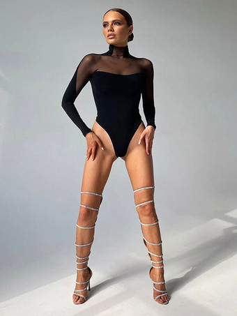 ブラックボディスーツ イリュージョンネック ロングスリーブ ハイカラー ワンピース