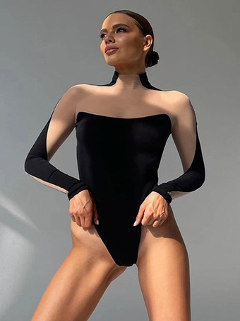 カーキ ブラックボディスーツ イリュージョンネック ロングスリーブ ハイカラー ワンピース