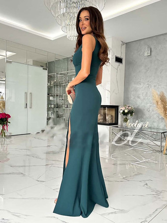 パーティードレス ヌード Vネック プリーツ ノースリーブ ハイスリット セミフォーマルドレス