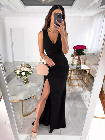 ブラック パーティードレス ヌード Vネック プリーツ ノースリーブ ハイスリット セミフォーマルドレス