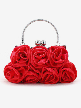 レッド ウェディングハンドバッグ ウェディングアクセサリー ブライダルバッグ 花 プリーツ