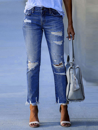 ブルー レディースジーンズ モダン ダメージ加工 スキニー ポリエステル