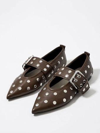 Coffee BrownBlack Ballet Flats Pointed Toe Studed Adjustable Ballerina Flat Shoes